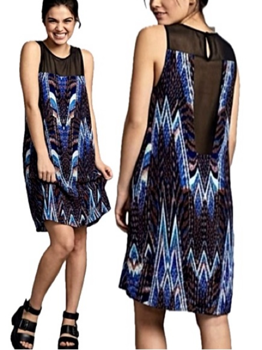 NWT Bisou Bisou Geometric Patterned Tank Dress Size 8 Mesh Mix Sleeveless Shift